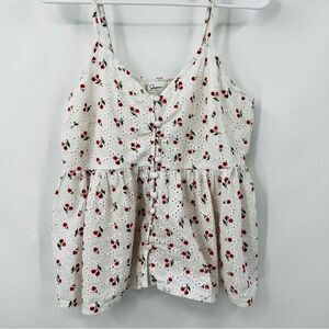 Japna Cherry Print Eyelet Cami Tank Top White Red Size Large